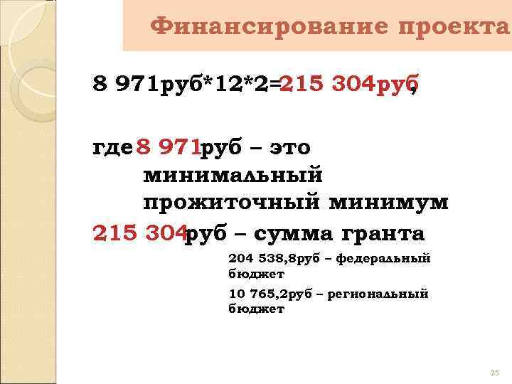 Финансирование проекта 8 971 руб*12*2=215 304 руб , где 8 971 руб – это