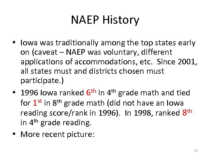 NAEP History • Iowa was traditionally among the top states early on (caveat –