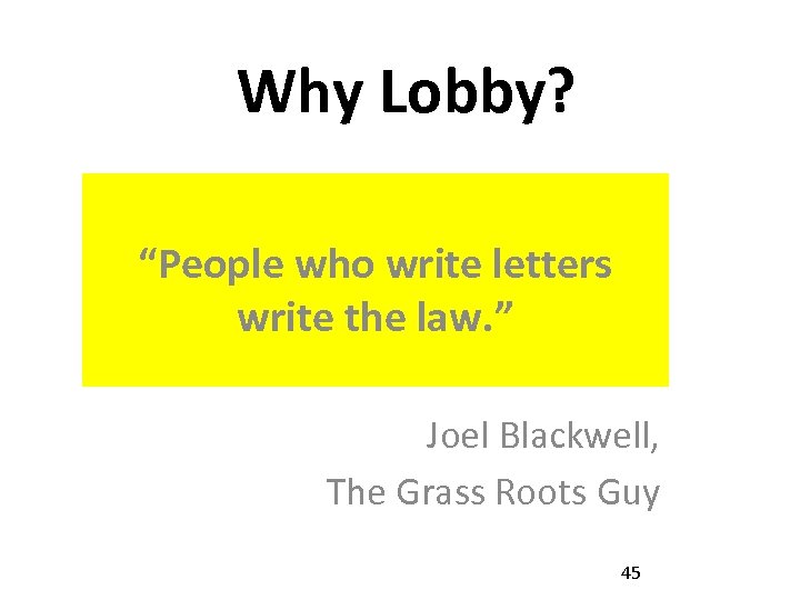 Why Lobby? “People who write letters write the law. ” Joel Blackwell, The Grass