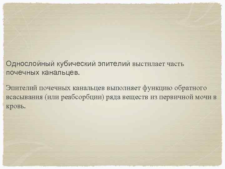 Однослойный кубический эпителий выстилает часть почечных канальцев. Эпителий почечных канальцев выполняет функцию обратного всасывания