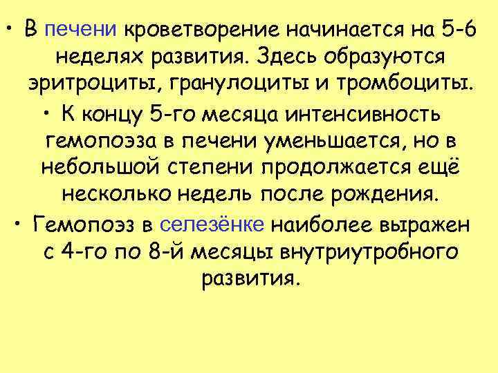  • В печени кроветворение начинается на 5 -6 неделях развития. Здесь образуются эритроциты,