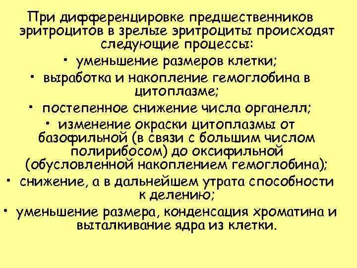 При дифференцировке предшественников эритроцитов в зрелые эритроциты происходят следующие процессы: • уменьшение размеров клетки;