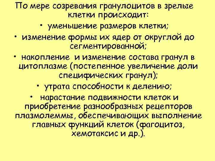 По мере созревания гранулоцитов в зрелые клетки происходит: • уменьшение размеров клетки; • изменение