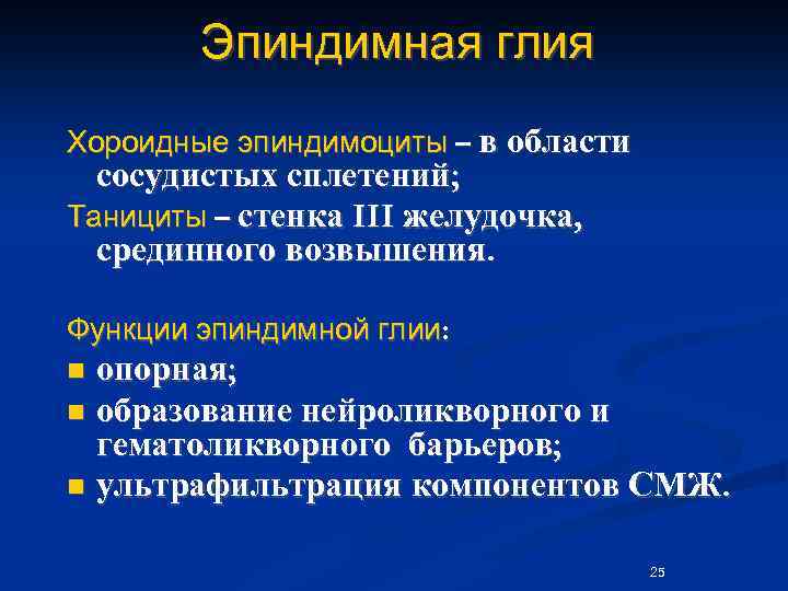 Эпиндимная глия Хороидные эпиндимоциты – в области сосудистых сплетений; Танициты – стенка III желудочка,