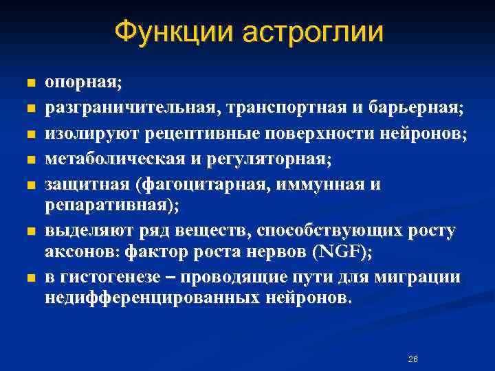Функции астроглии n n n n опорная; разграничительная, транспортная и барьерная; изолируют рецептивные поверхности