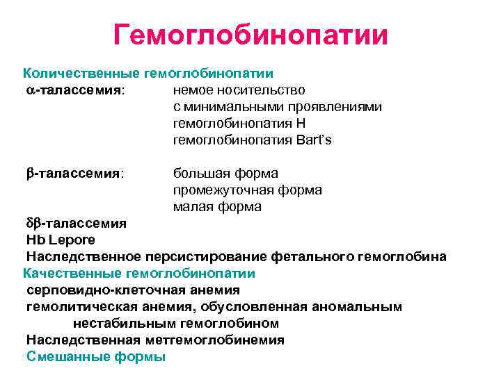 Гемоглобинопатии Количественные гемоглобинопатии -талассемия: немое носительство с минимальными проявлениями гемоглобинопатия Н гемоглобинопатия Bart’s -талассемия: