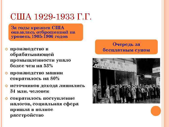 США 1929 -1933 Г. Г. За годы кризиса США оказалась отброшенной на уровень 1905