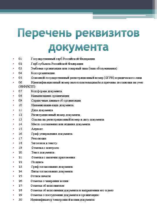 Перечень реквизитов документа • • • • • • • • 01 Государственный герб