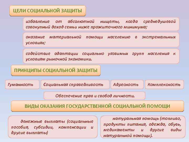 ЦЕЛИ СОЦИАЛЬНОЙ ЗАЩИТЫ избавление от абсолютной нищеты, когда среднедушевой совокупный доход семьи ниже прожиточного