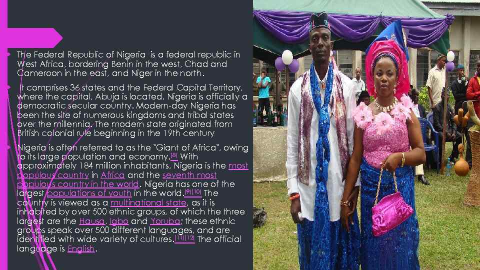  The Federal Republic of Nigeria is a federal republic in West Africa, bordering