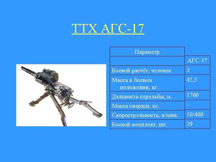 ТТХ АГС-17 Параметр АГС-17 Боевой расчёт, человек 2 Масса в боевом положении, кг. 45,