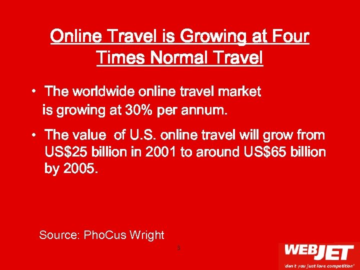 Online Travel is Growing at Four Times Normal Travel • The worldwide online travel