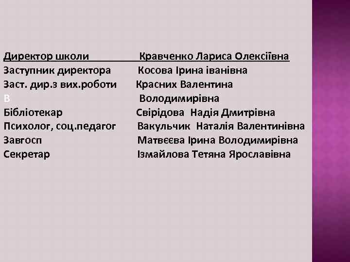 Директор школи Заступник директора Заст. дир. з вих. роботи В Бібліотекар Психолог, соц. педагог