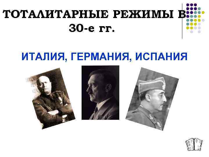 ТОТАЛИТАРНЫЕ РЕЖИМЫ В 30 -е гг. ИТАЛИЯ, ГЕРМАНИЯ, ИСПАНИЯ 