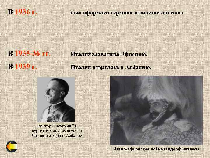 В 1936 г. был оформлен германо-итальянский союз В 1935 -36 гг. Италия захватила Эфиопию.