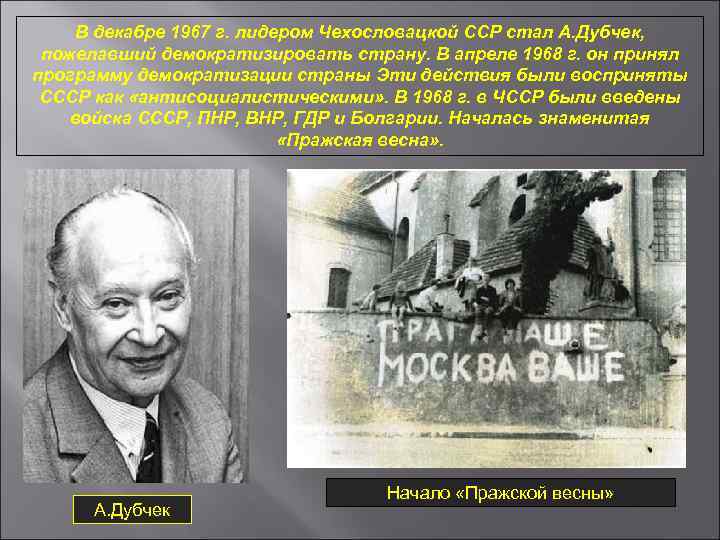 В декабре 1967 г. лидером Чехословацкой ССР стал А. Дубчек, пожелавший демократизировать страну. В