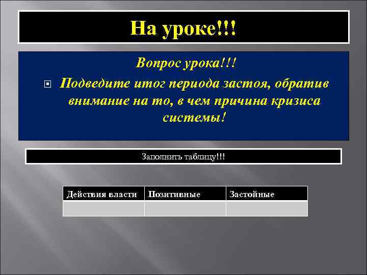 На уроке!!! Вопрос урока!!! Подведите итог периода застоя, обратив внимание на то, в чем
