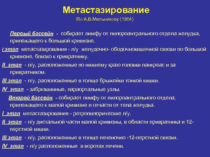 Метастазирование По А. В. Мельникову (1954) Первый бассейн - собирает лимфу от пилороантрального отдела