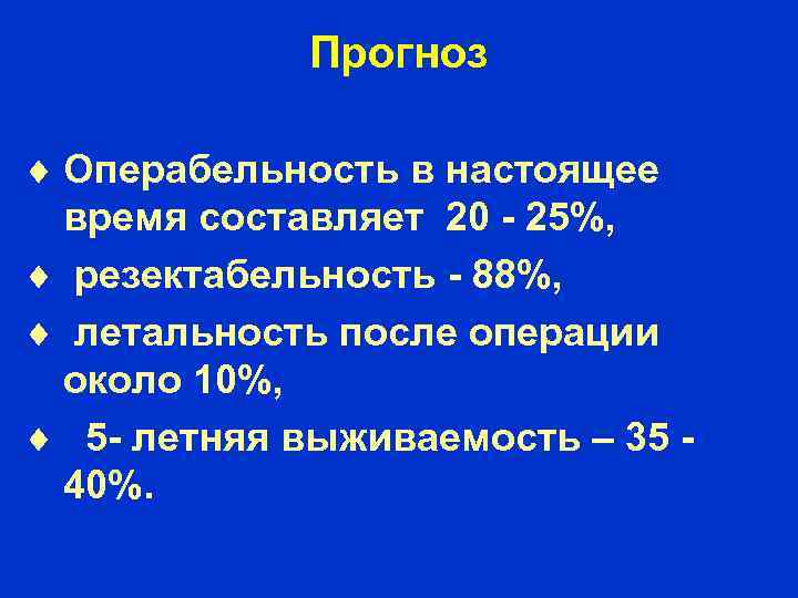Прогноз Операбельность в настоящее время составляет 20 - 25%, резектабельность - 88%, летальность после