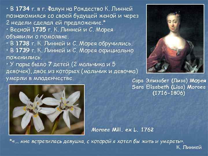  • В 1734 г. в г. Фалун на Рождество К. Линней познакомился со