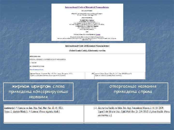 жирным шрифтом слева приведены консервируемые названия отвергаемые названия приведены справа 