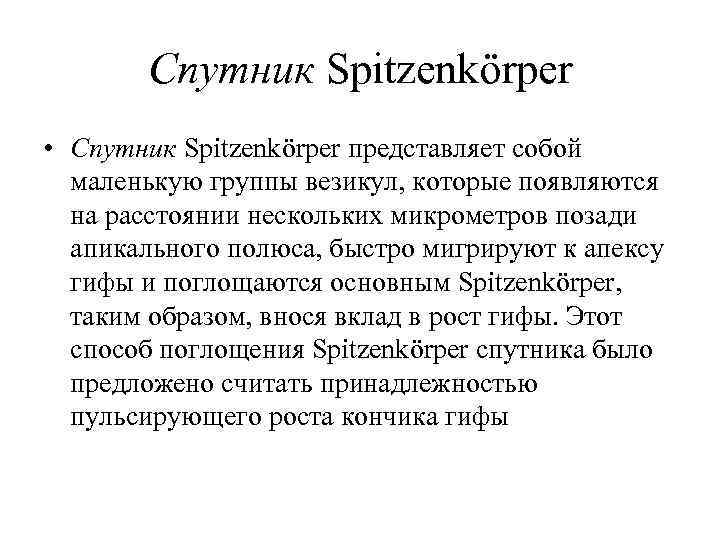 Спутник Spitzenkörper • Спутник Spitzenkörper представляет собой маленькую группы везикул, которые появляются на расстоянии