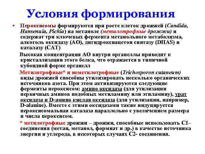 Условия формирования • Пероксисомы формируются при росте клеток дрожжей (Candida, Hansenula, Pichia) на метаноле
