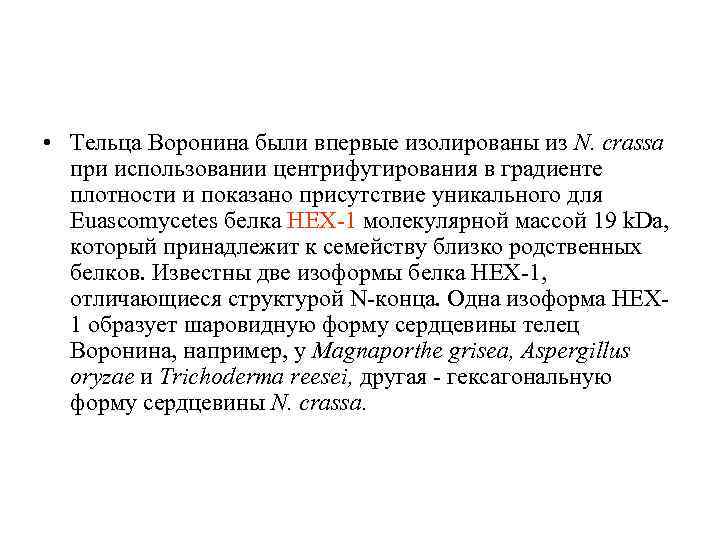  • Тельца Воронина были впервые изолированы из N. crassa при использовании центрифугирования в