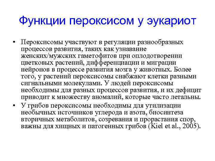 Функции пероксисом у эукариот • Пероксисомы участвуют в регуляции разнообразных процессов развития, таких как
