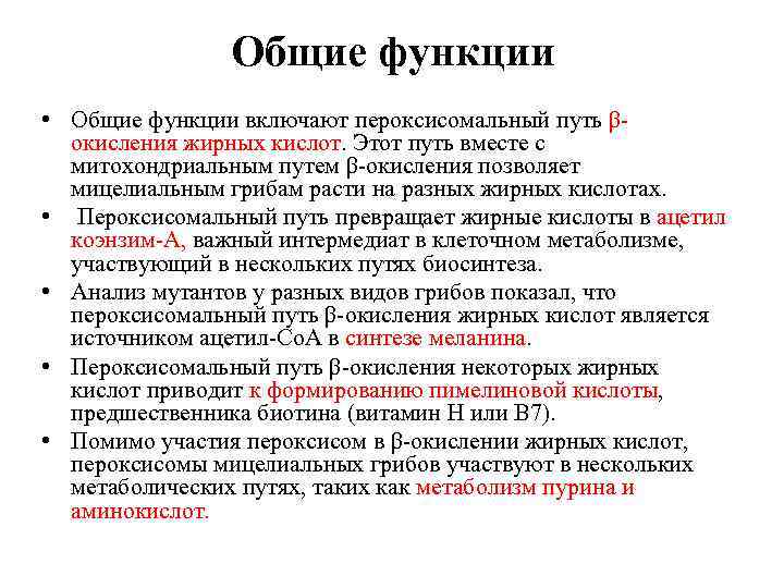 Общие функции • Общие функции включают пероксисомальный путь βокисления жирных кислот. Этот путь вместе