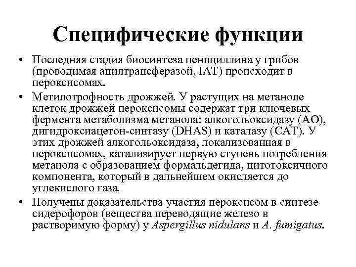 Специфические функции • Последняя стадия биосинтеза пенициллина у грибов (проводимая ацилтрансферазой, IAT) происходит в