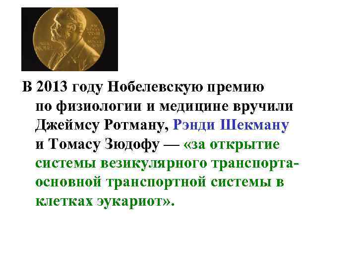 В 2013 году Нобелевскую премию по физиологии и медицине вручили Джеймсу Ротману, Рэнди Шекману