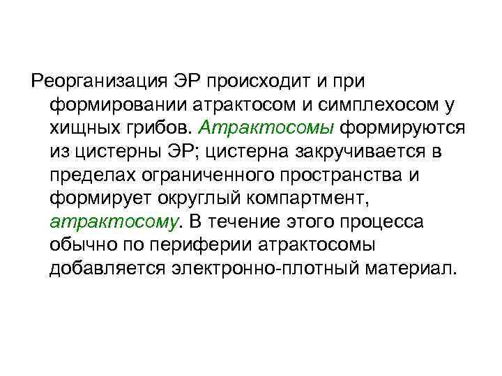 Реорганизация ЭР происходит и при формировании атрактосом и симплехосом у хищных грибов. Атрактосомы формируются