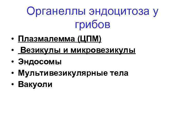 Органеллы эндоцитоза у грибов • • • Плазмалемма (ЦПМ) Везикулы и микровезикулы Эндосомы Мультивезикулярные