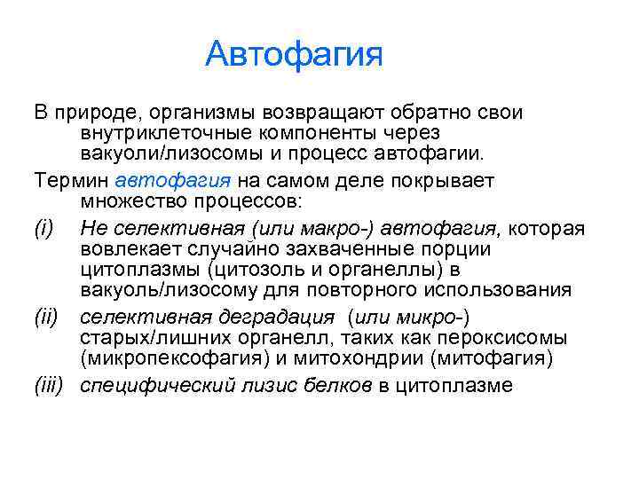 Автофагия В природе, организмы возвращают обратно свои внутриклеточные компоненты через вакуоли/лизосомы и процесс автофагии.