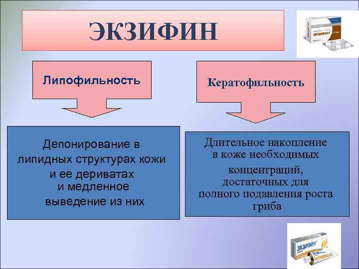 ЭКЗИФИН Липофильность Депонирование в липидных структурах кожи и ее дериватах и медленное выведение из