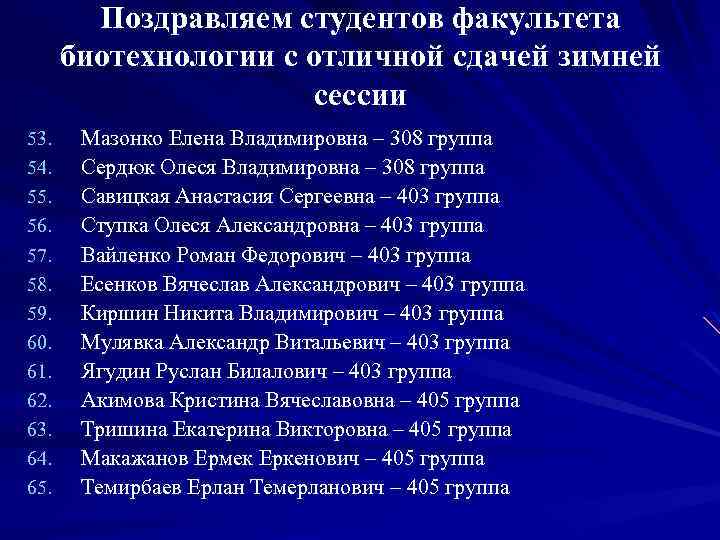 Поздравляем студентов факультета биотехнологии с отличной сдачей зимней сессии 53. 54. 55. 56. 57.
