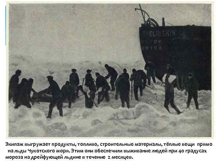 Экипаж выгружает продукты, топливо, строительные материалы, тёплые вещи прямо на льды Чукотского моря. Этим