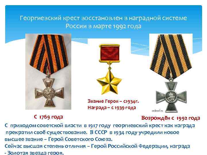 Георгиевский крест восстановлен в наградной системе России в марте 1992 года Звание Героя –