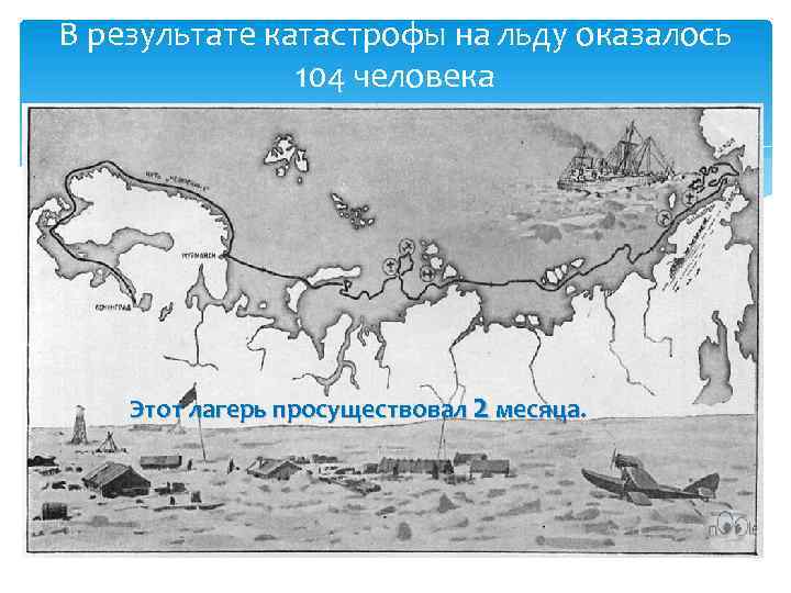 В результате катастрофы на льду оказалось 104 человека Этот лагерь просуществовал 2 месяца. 