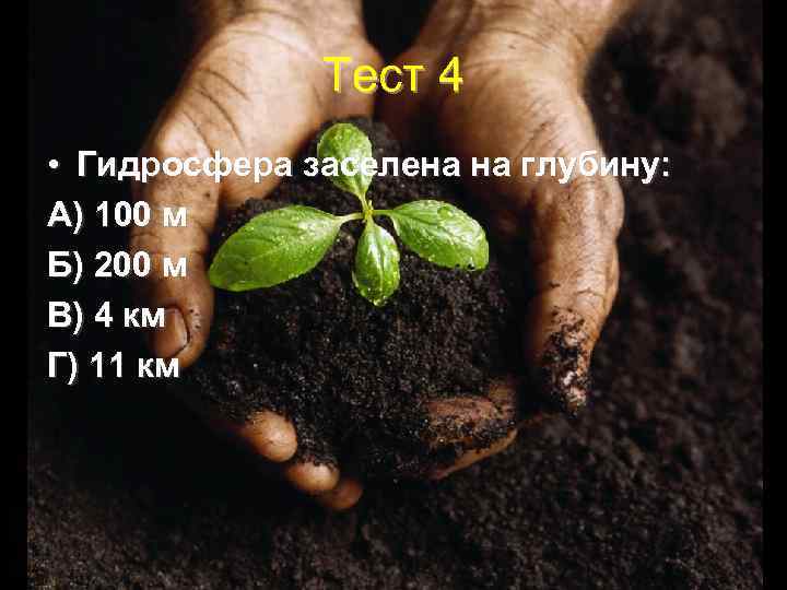 Тест 4 • Гидросфера заселена на глубину: А) 100 м Б) 200 м В)