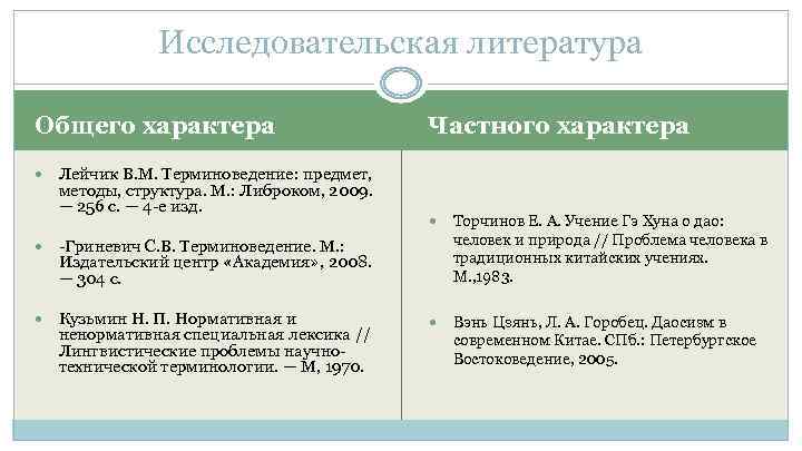 Исследовательская литература Общего характера Лейчик В. М. Терминоведение: предмет, методы, структура. М. : Либроком,