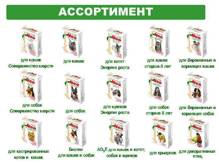 АССОРТИМЕНТ для кошек Совершенство шерсти для собак Совершенство шерсти для кастрированных котов и кошек