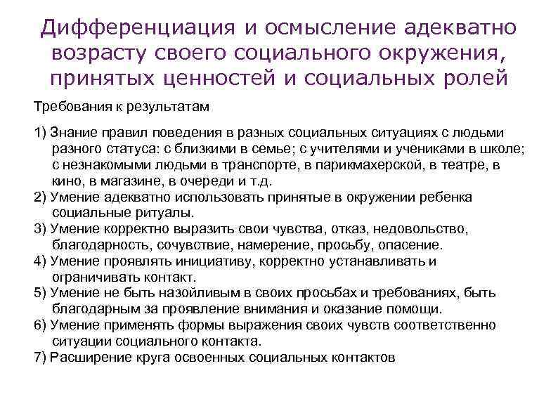 Дифференциация и осмысление адекватно возрасту своего социального окружения, принятых ценностей и социальных ролей Требования