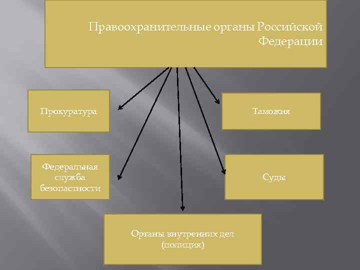 Правоохранительные органы Российской Федерации Таможня Прокуратура Федеральная служба безопастности Суды Органы внутренних дел (полиция)