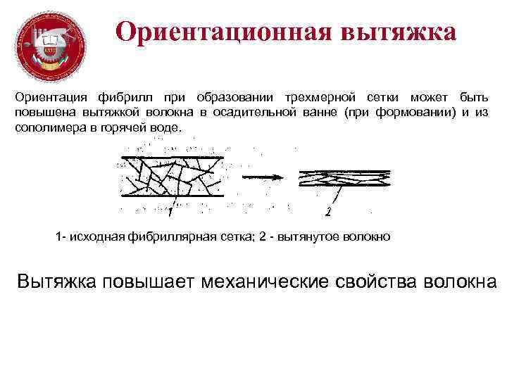 Ориентационная вытяжка Ориентация фибрилл при образовании трехмерной сетки может быть повышена вытяжкой волокна в