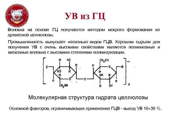 УВ из ГЦ Волокна на основе ГЦ получаются методом мокрого формования из древесной целлюлозы.