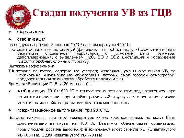 Стадии получения УВ из ГЦВ Ø формование; Ø стабилизация; на воздухе нагрев со скоростью