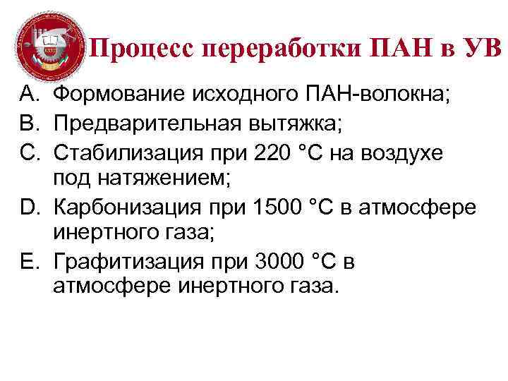 Процесс переработки ПАН в УВ A. Формование исходного ПАН-волокна; B. Предварительная вытяжка; C. Стабилизация