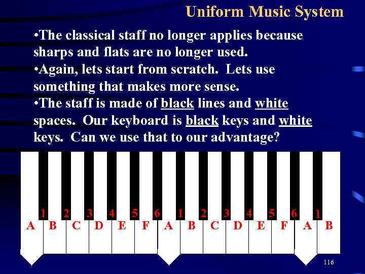 Uniform Music System • The classical staff no longer applies because sharps and flats